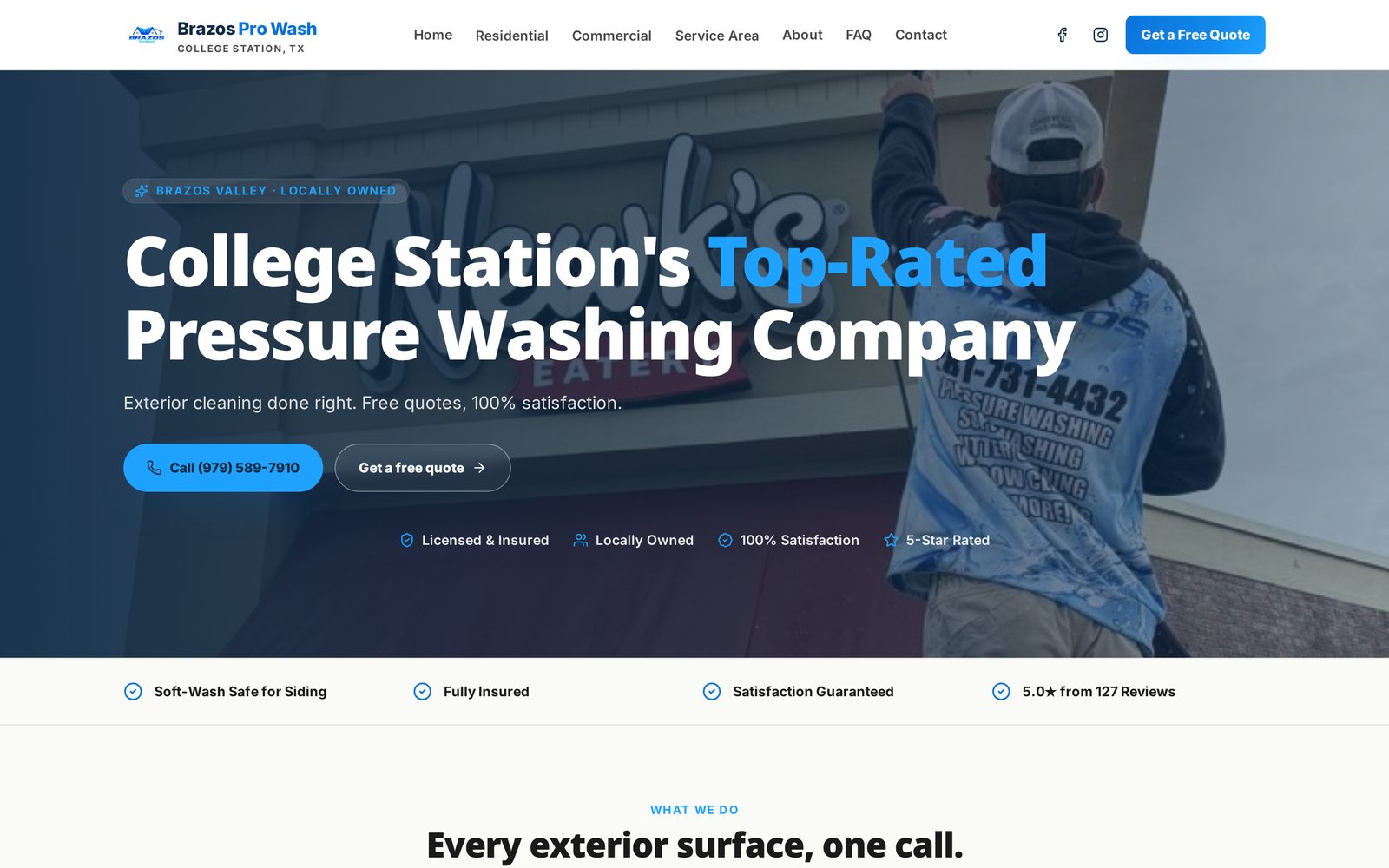 Brazos Pro Wash pressure washing & exterior cleaning website homepage